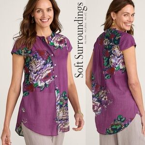 SOFT SURROUNDINGS Bouquet of Roses Purple Button Tunic Top Short Sleeve Medium
